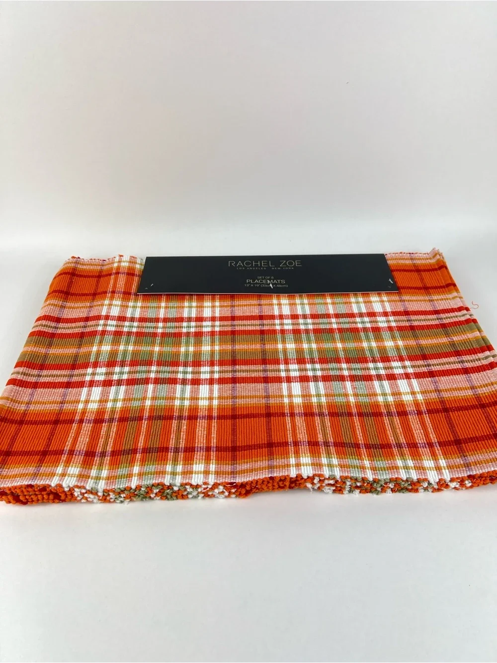 Rachel Zoe FALL Plaid Placemat Set Orange Red White Green Cotton Set of 8 NEW